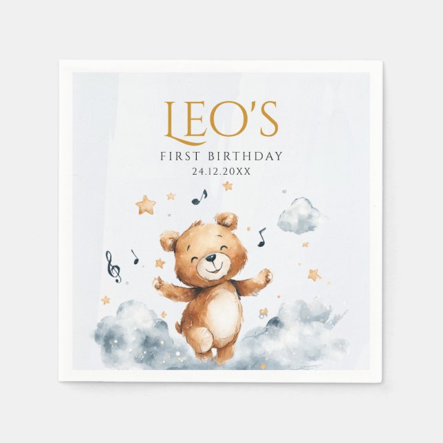 Serviette En Papier Aquarelle Ours Premier Anniversaire Papier Napkin (Devant)