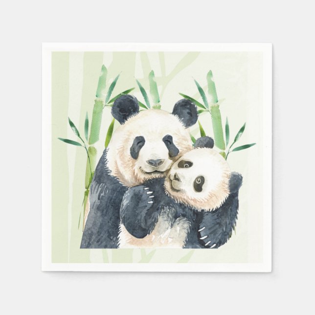 Serviette En Papier Aquarelle Panda Ours Maman & Bébé en Bambou (Devant)
