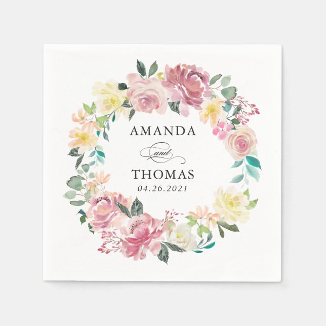 Serviette En Papier Aquarelle Pastel Blush Floral Mariage (Devant)
