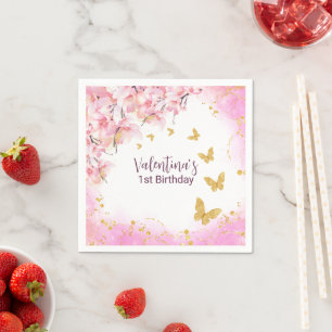 Serviette En Papier Aquarelle Pastel Fleurs Roses Papillons Or