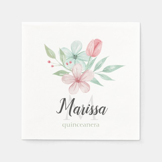 Serviette En Papier Aquarelle Pastel Floral Quinceanera Anniversaire (Devant)