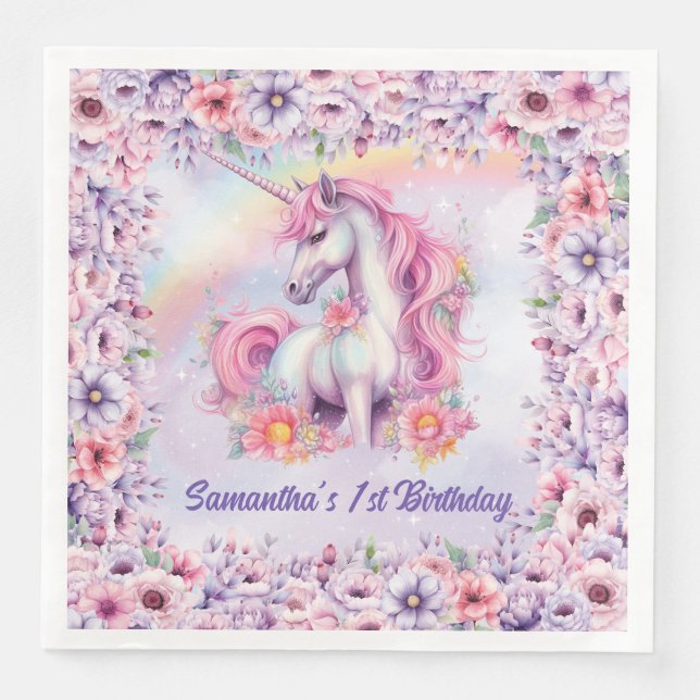 Serviette En Papier Aquarelle Pastel Unicorn Fille Anniversaire (Devant)