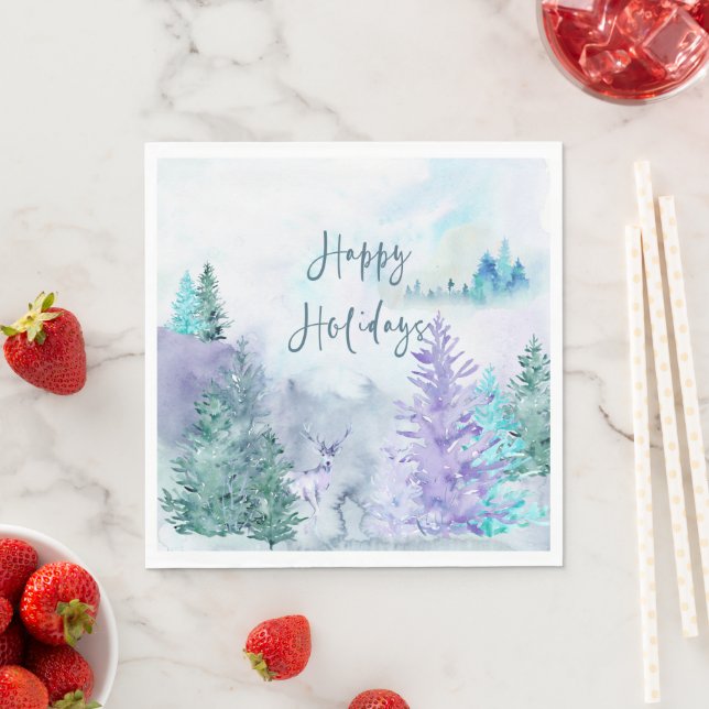 Serviette En Papier Aquarelle Paysage hivernal Joyeuses vacances (En situation)