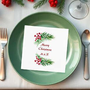 Serviette En Papier Aquarelle Peinte à la main, Guirlande de pin, Baie