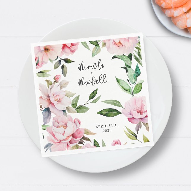 Serviette En Papier Aquarelle Peony Magnolia Mariage rose (Créateur téléchargé)
