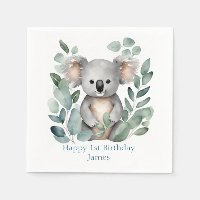 Serviette En Papier Aquarelle personnalisée Koala Bear Anniversaire (Devant)