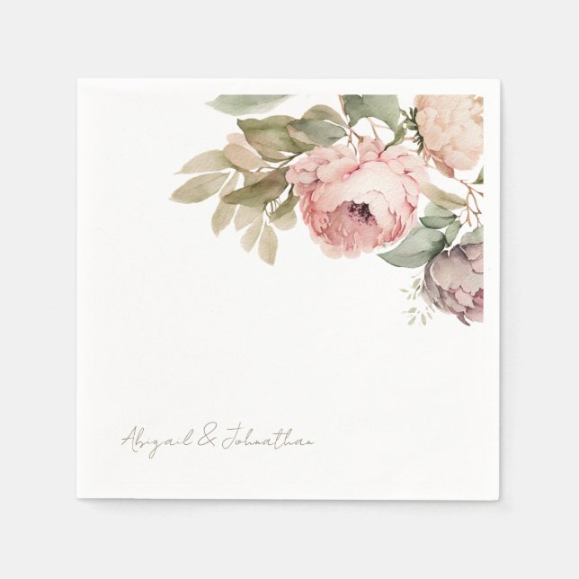 Serviette En Papier Aquarelle Pink Peonies Custom Gold Script Mariage (Devant)