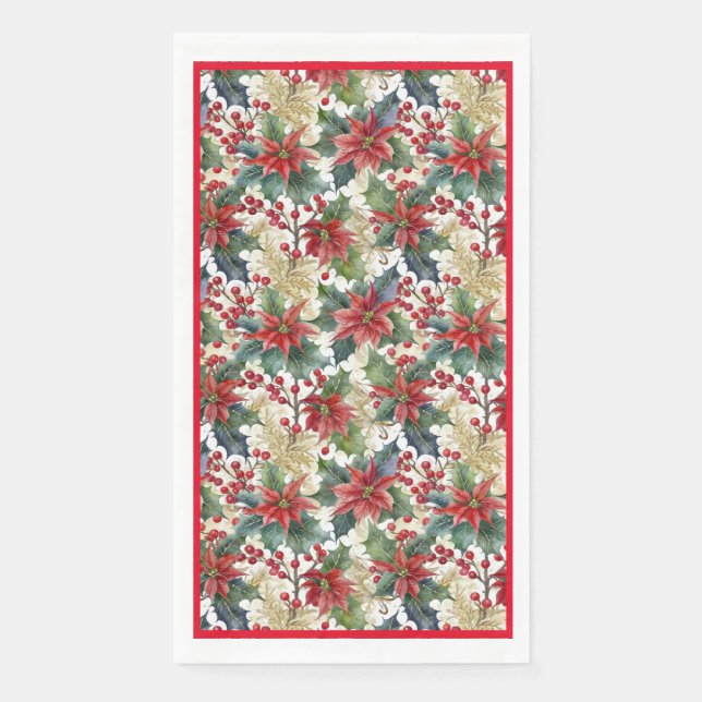 Serviette En Papier Aquarelle poinsettia et saint motif Noël (Devant)