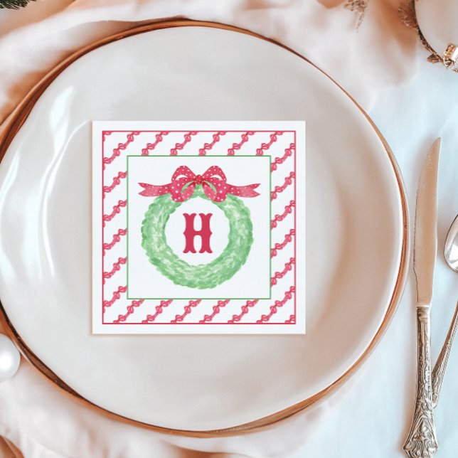 Serviette En Papier Aquarelle Polka Rouge Pot Bow Monogramme Wreath (Créateur téléchargé)