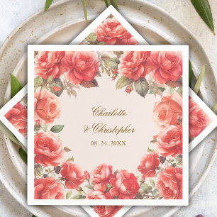 Serviette En Papier Aquarelle romantique Roses rouges Mariage floral