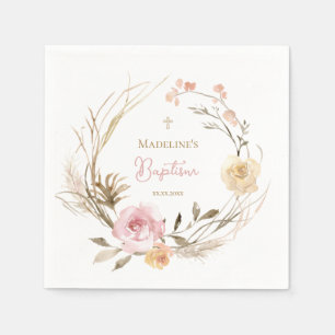 Serviette En Papier aquarelle rose beige fleurs Baptême