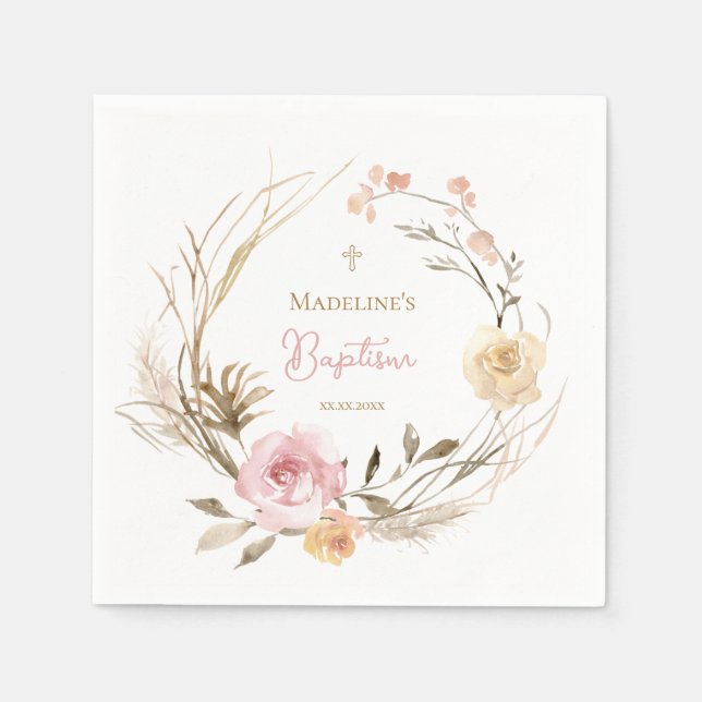 Serviette En Papier aquarelle rose beige fleurs Baptême (Devant)