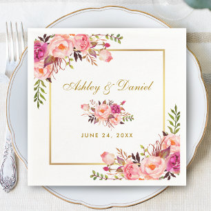 Serviette En Papier Aquarelle rose Blush Floral Mariage or