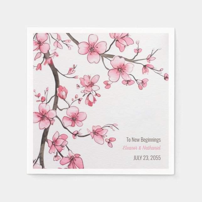Serviette En Papier Aquarelle rose cerisier Mariage floral (Devant)