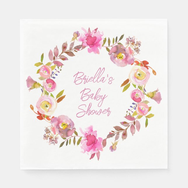 Serviette En Papier Aquarelle rose couronne florale (Devant)