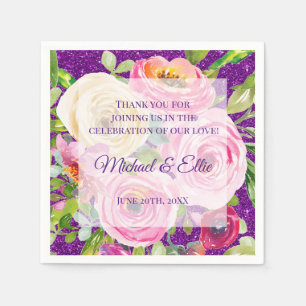 Serviette En Papier Aquarelle Rose Crème rose sur Mariage violet