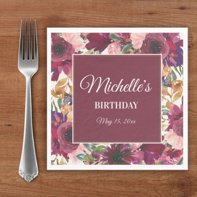 Serviette En Papier Aquarelle rose de Bourgogne Nom d'anniversaire (Burgundy and blush pink watercolor floral custom birthday party paper napkins)