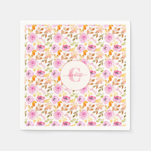 Serviette En Papier Aquarelle rose d'été Monogramme floral et nom