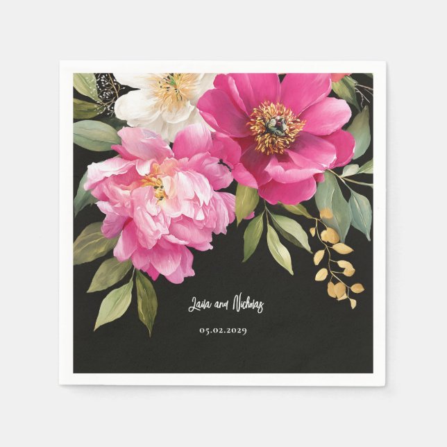 Serviette En Papier Aquarelle rose et blanc Peony Mariage floral (Devant)