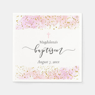 Serviette En Papier aquarelle rose   faux or détails Baptême