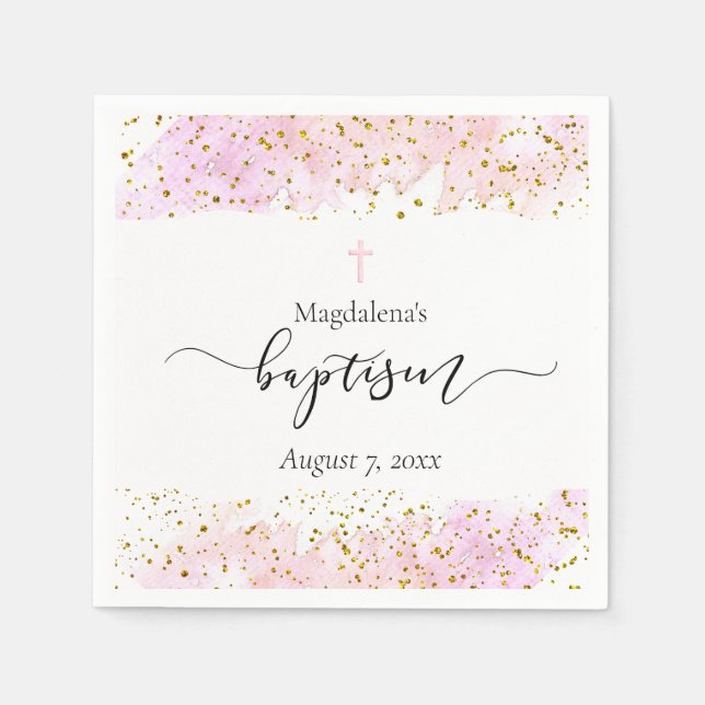 Serviette En Papier aquarelle rose | faux or détails Baptême (Devant)