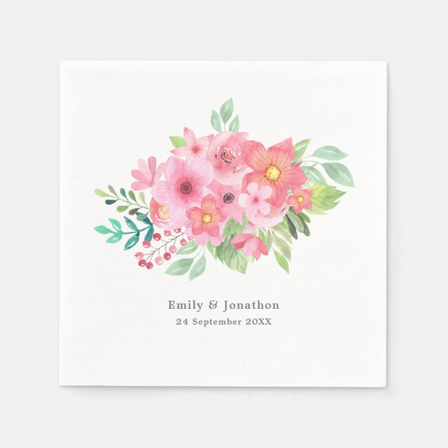 Serviette En Papier Aquarelle rose fleurie Noms Date Mariage (Devant)