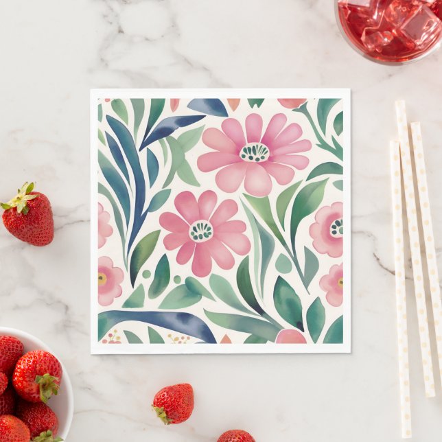 Serviette En Papier Aquarelle rose Fleurs Art (En situation)