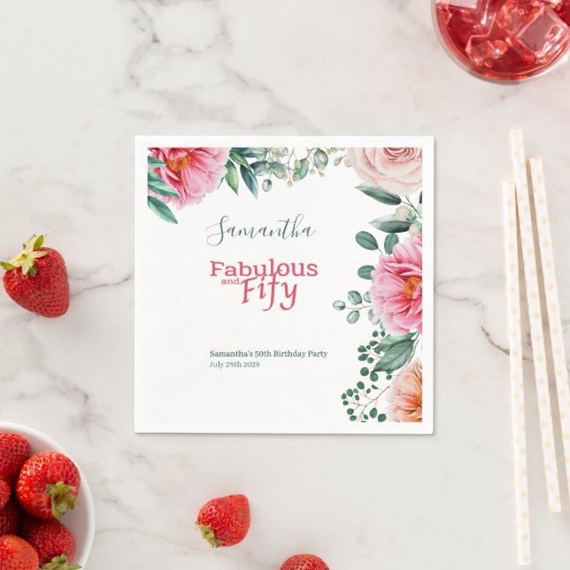 Serviette En Papier Aquarelle rose Floral 50e fête d'anniversaire (En situation)