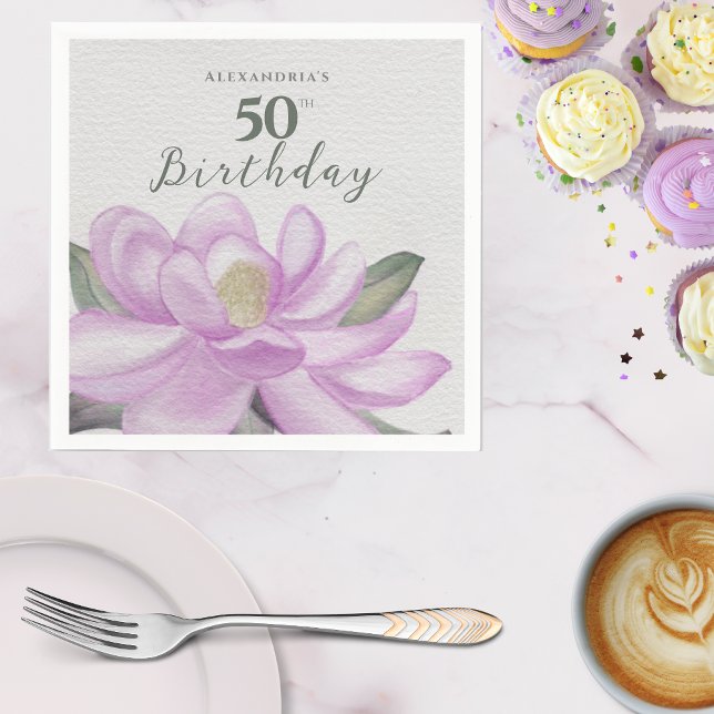 Serviette En Papier Aquarelle rose Magnolia 50e anniversaire (Watercolor Pink Magnolia 50th Birthday Napkins)