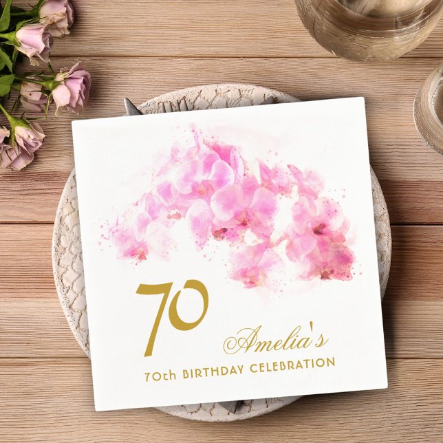 Serviette En Papier Aquarelle rose orchidée Parties scintillant or 70e (Créateur téléchargé)