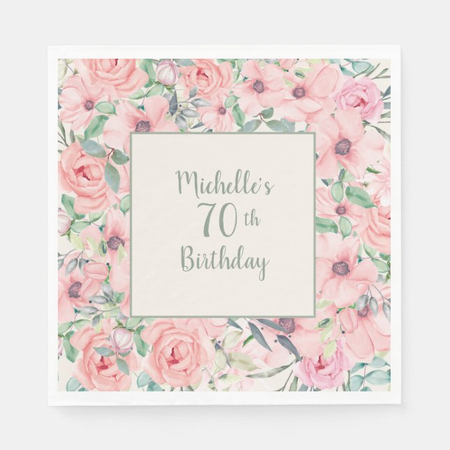 Serviette En Papier Aquarelle rose pâle 70e anniversaire (Devant)