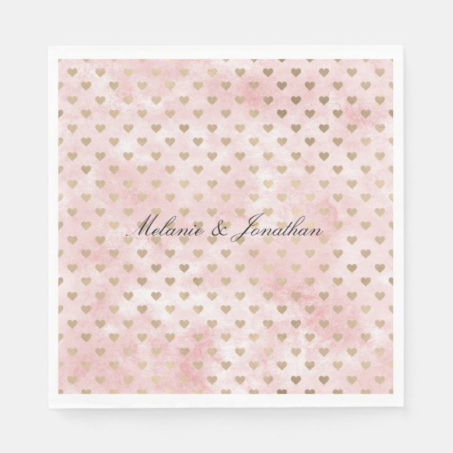 Serviette En Papier Aquarelle rose pâle Coeurs or (Devant)