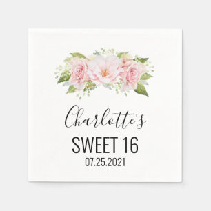 Serviette En Papier Aquarelle rose pâle Douceur florale 16 Anniversai