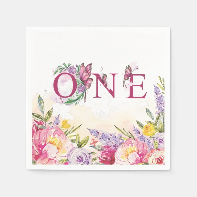Serviette En Papier Aquarelle rose papillon Floral Anniversaire UN (Devant)