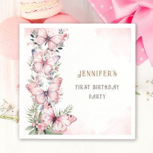 Serviette En Papier Aquarelle rose Petit Papillon Fille 1er anniversai