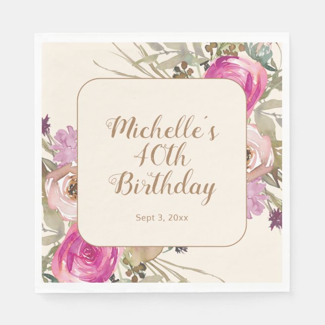 Serviette En Papier Aquarelle rose pourpre douce 40e anniversaire (Devant)