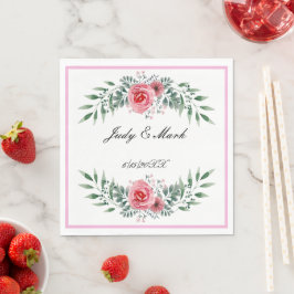 Serviette En Papier Aquarelle Rose Rose Vert Feuillage
