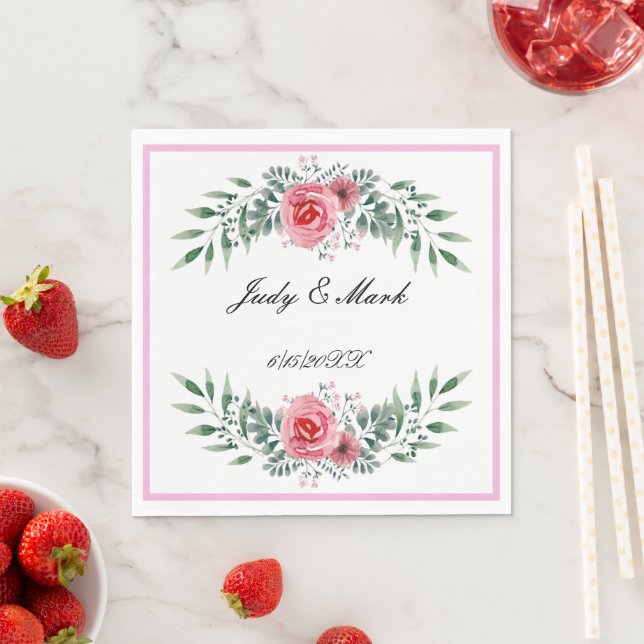 Serviette En Papier Aquarelle Rose Rose Vert Feuillage (En situation)