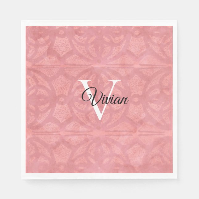 Serviette En Papier Aquarelle rose roude Nom du monogramme (Devant)