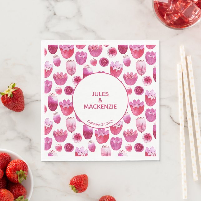 Serviette En Papier Aquarelle rose vif Fleur (En situation)