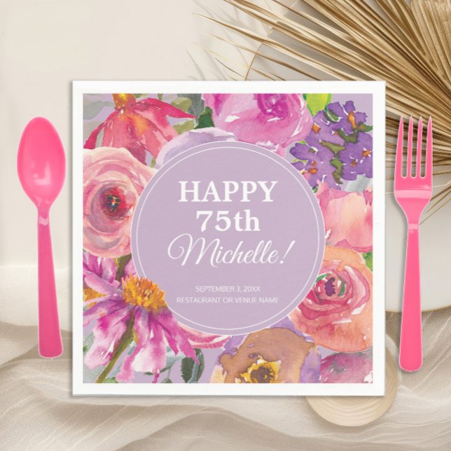 Serviette En Papier Aquarelle rose violet Floral 75e anniversaire (Elegant pink and purple watercolor floral 75th birthday party paper napkins)