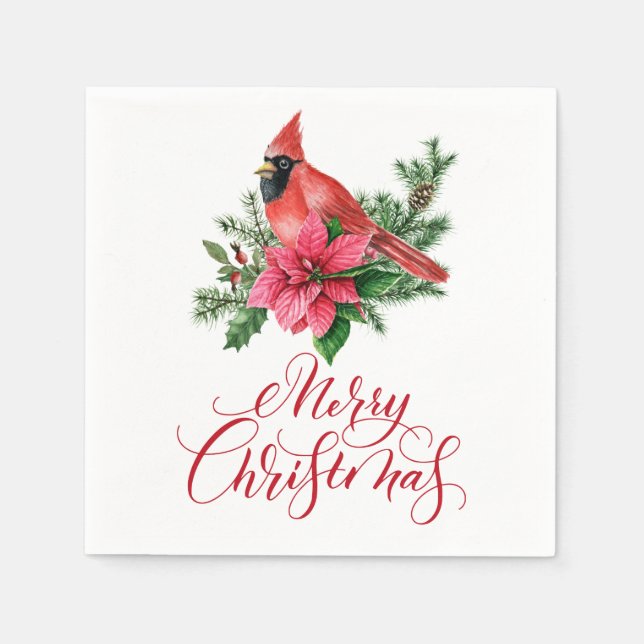 Serviette En Papier Aquarelle Rouge Cardinal Noël (Devant)