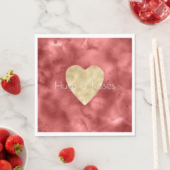 Serviette En Papier Aquarelle rouge Coeur or (En situation)