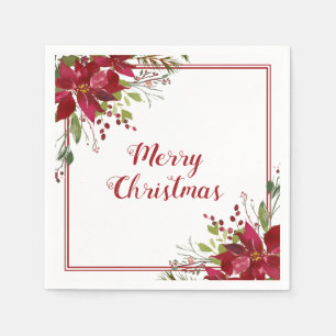 Serviette En Papier Aquarelle Rouge Poinsettia Joyeux Noël