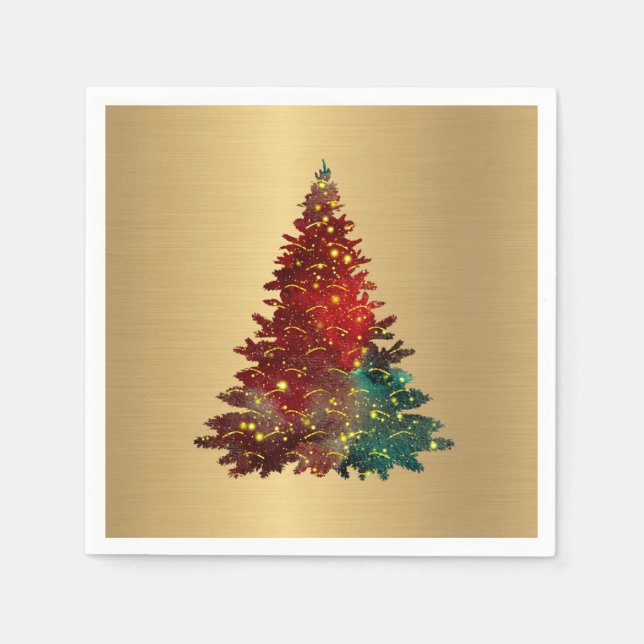 Serviette En Papier Aquarelle rouge vert tendance Arbre d'or Noël (Devant)