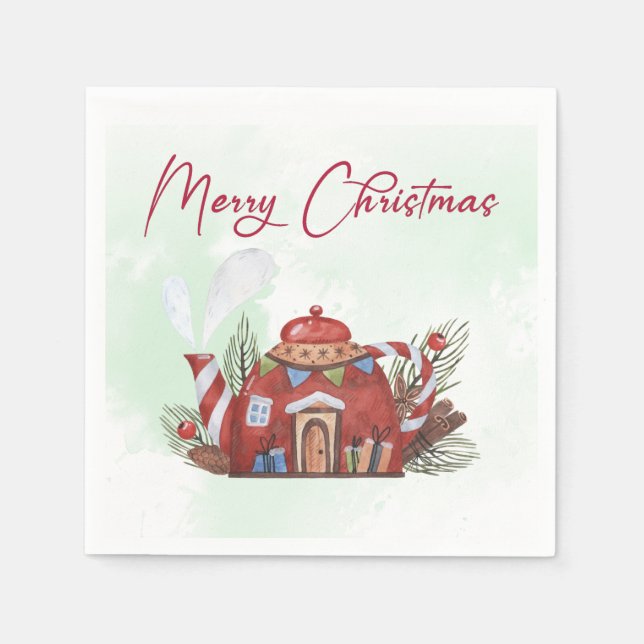 Serviette En Papier Aquarelle rouge verte Maison de thé de Noël (Devant)