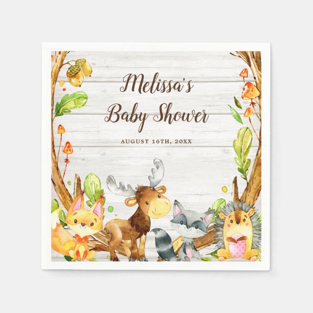 Serviette En Papier Aquarelle rustique Baby shower d'animaux de bois (Devant)