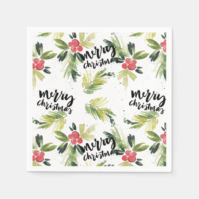 Serviette En Papier Aquarelle rustique Holly Motif Joyeux Noël (Devant)