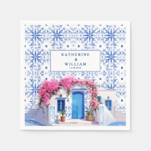 Serviette En Papier Aquarelle Santorini Grèce mariage bleu et blanc