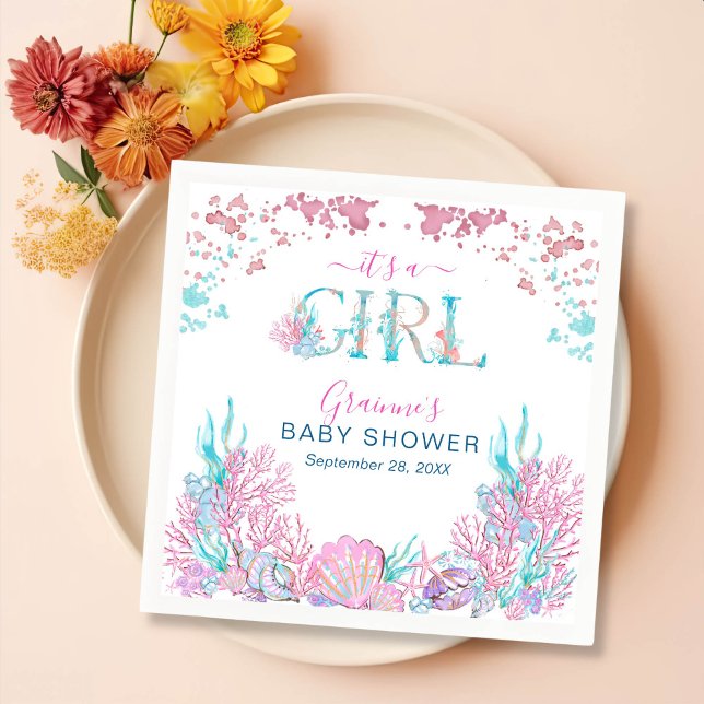 Serviette En Papier Aquarelle sous la mer "C'est une fille" Baby showe (Créateur téléchargé)